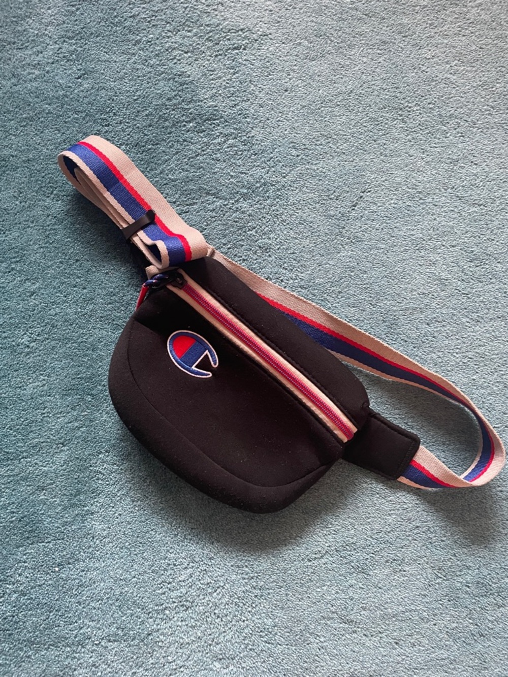Champion Black Waist Pack with Red, White and Blue Strap
